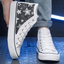 Unisex Black & White Canvas Sneakers - Casual Lace-Up Skate Shoes For All Seasons, Comfortable Rubber Sole