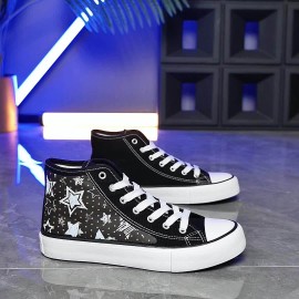 Unisex Black & White Canvas Sneakers - Casual Lace-Up Skate Shoes For All Seasons, Comfortable Rubber Sole