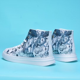 Men's Lace-up Canvas Sneakers, Chinese Mythology Design High Top Walking Shoes With Good Grip, Breathable