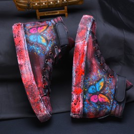 Men's Butterfly Pattern Print Stylish High-top Canvas Shoes, Breathable Lace-up Classic Casual Walking Shoes For Outdoor, Spring Summer And Autumn