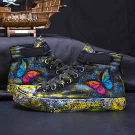 Men's Butterfly Pattern Print Stylish High-top Canvas Shoes, Breathable Lace-up Classic Casual Walking Shoes For Outdoor, Spring Summer And Autumn