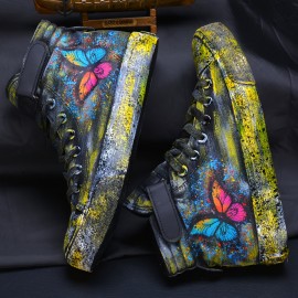 Men's Butterfly Pattern Print Stylish High-top Canvas Shoes, Breathable Lace-up Classic Casual Walking Shoes For Outdoor, Spring Summer And Autumn