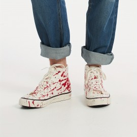 Men's High-Top Canvas Sneakers, Halloween Splatter Hand-Painted Graffiti, Fashion Street Casual Shoes, All-Season Rubber Sole Lace-Up Footwear, Round Toe Fabric Lined - Universal Fit