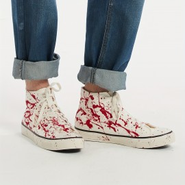 Men's High-Top Canvas Sneakers, Halloween Splatter Hand-Painted Graffiti, Fashion Street Casual Shoes, All-Season Rubber Sole Lace-Up Footwear, Round Toe Fabric Lined - Universal Fit