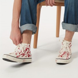 Men's High-Top Canvas Sneakers, Halloween Splatter Hand-Painted Graffiti, Fashion Street Casual Shoes, All-Season Rubber Sole Lace-Up Footwear, Round Toe Fabric Lined - Universal Fit