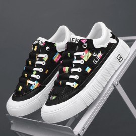 Men's Creative Pattern Design Trendy Canvas Skate Shoes, Breathable Non Slip Lace-up Shoes For Outdoor Casual, Men's Street Style Footwear