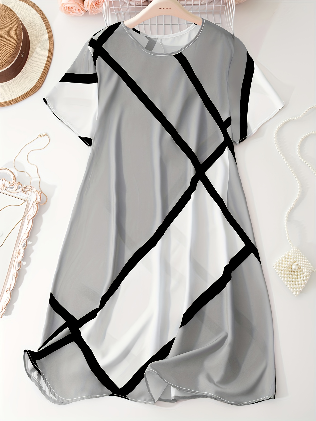 plus size colorblock print slim dress casual short sleeve dress for spring summer womens plus size clothing details 0
