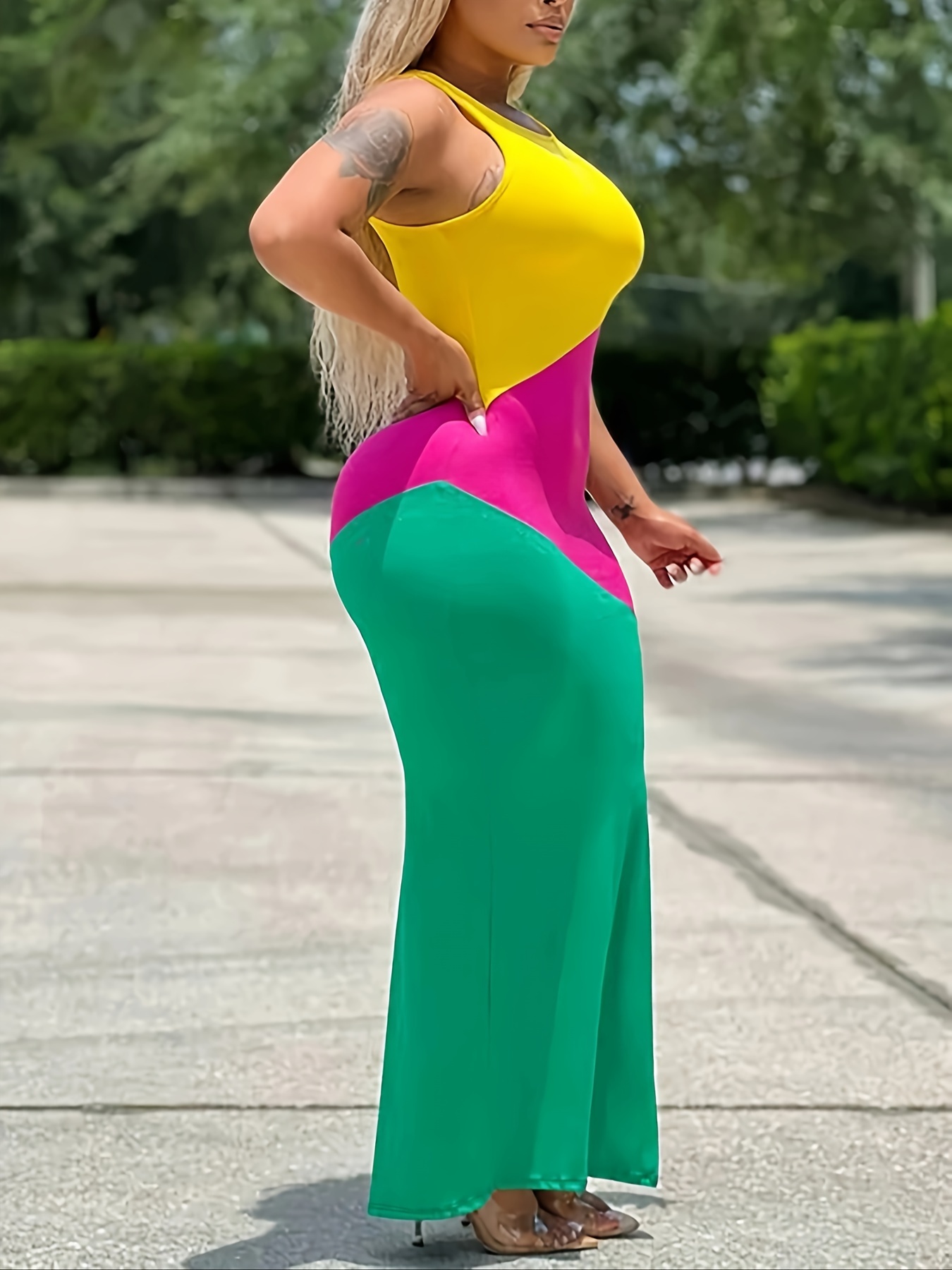 plus size colorblock split tank dress casual crew neck sleeveless dress for summer womens plus size clothing details 4