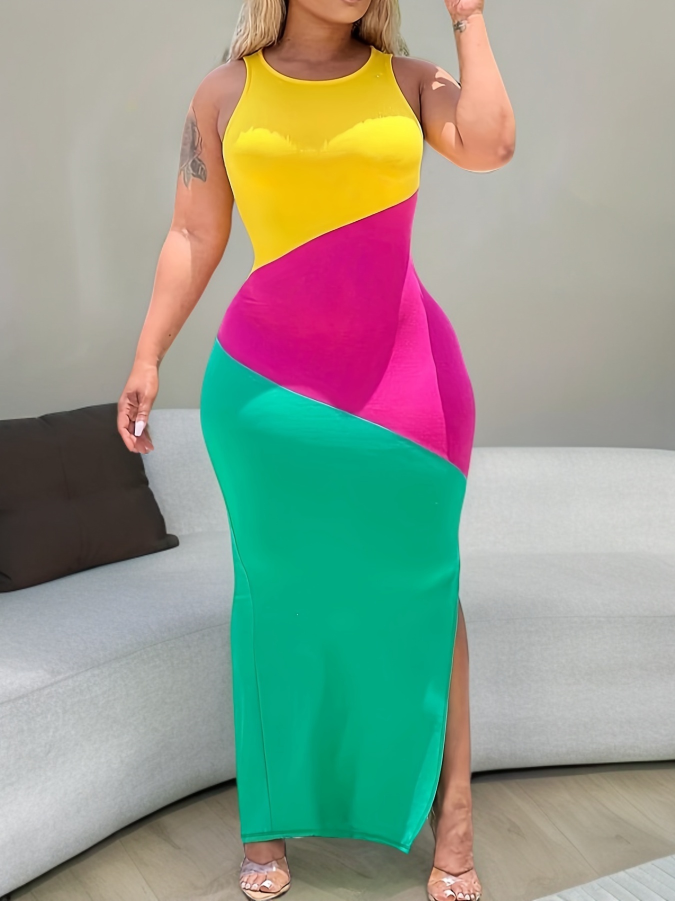 plus size colorblock split tank dress casual crew neck sleeveless dress for summer womens plus size clothing details 5