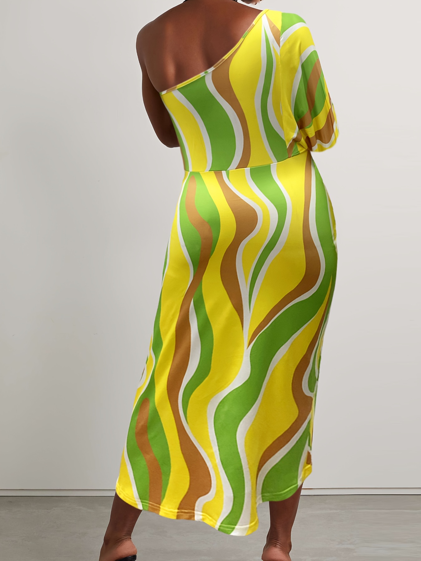 plus size colorblock irregular stripe print dress casual one shoulder long sleeve dress for spring summer womens plus size clothing details 3