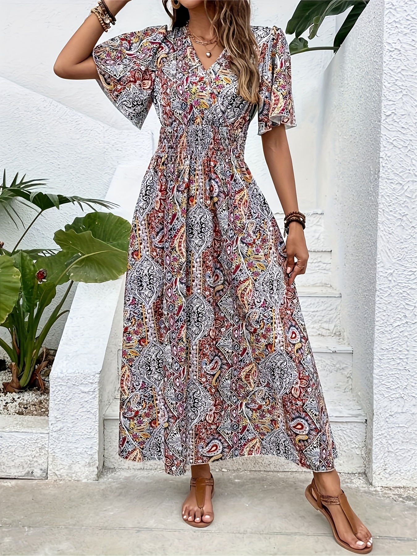 plus size ethnic floral print shirred waist dress casual short sleeve dress for spring summer womens plus size clothing details 11