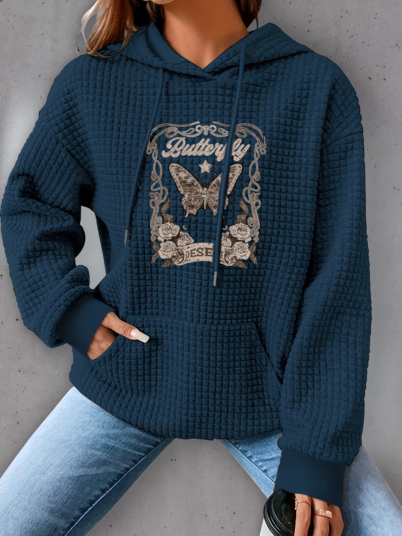 plus size butterfly print hoodie casual kangaroo pocket drawstring long sleeve hooded sweatshirt womens plus size clothing details 0