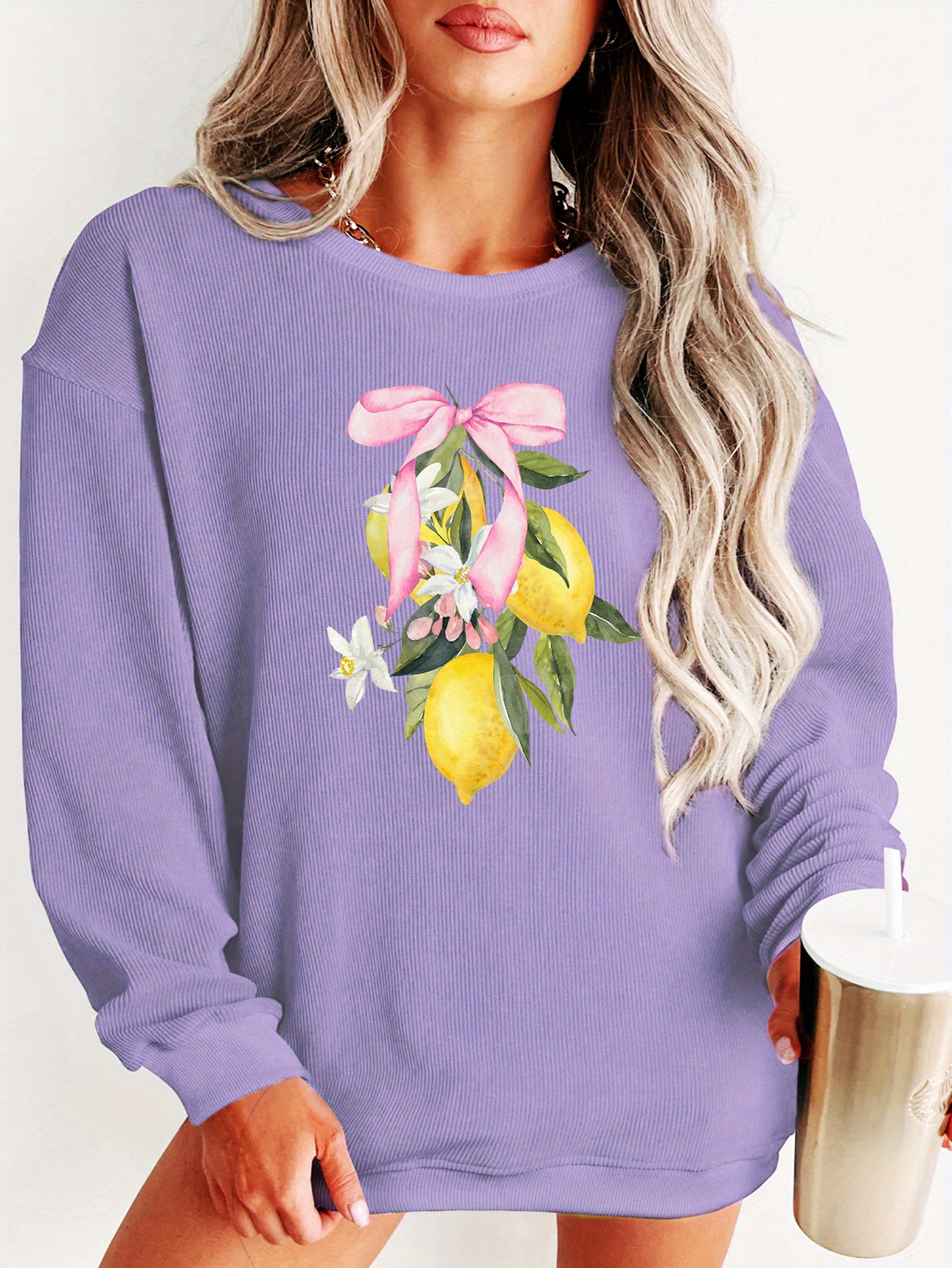 Plus Size Lemon Print Sweatshirt, Casual Crew Neck Long Sleeve Pullover Sweatshirt For Fall & Spring, Women s Plus Size Clothing details 6