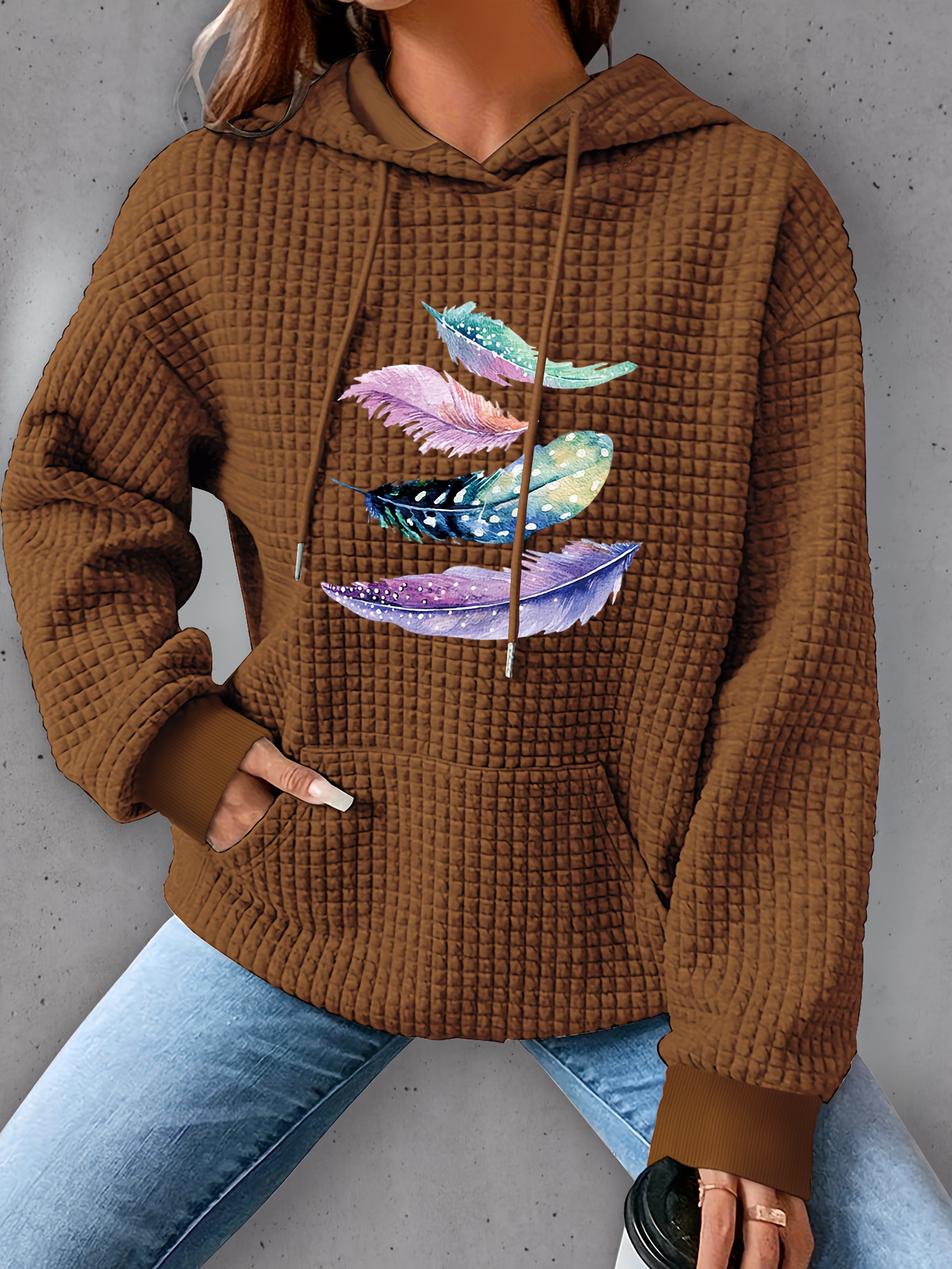 plus size feather print hoodie casual kangaroo pocket drawstring long sleeve hooded sweatshirt womens plus size clothing details 3