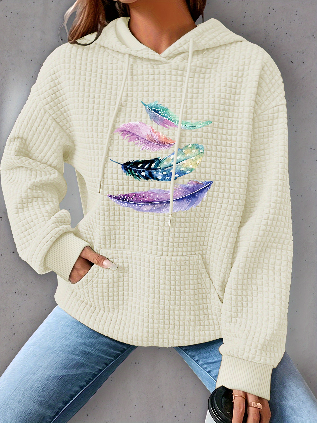 plus size feather print hoodie casual kangaroo pocket drawstring long sleeve hooded sweatshirt womens plus size clothing details 6