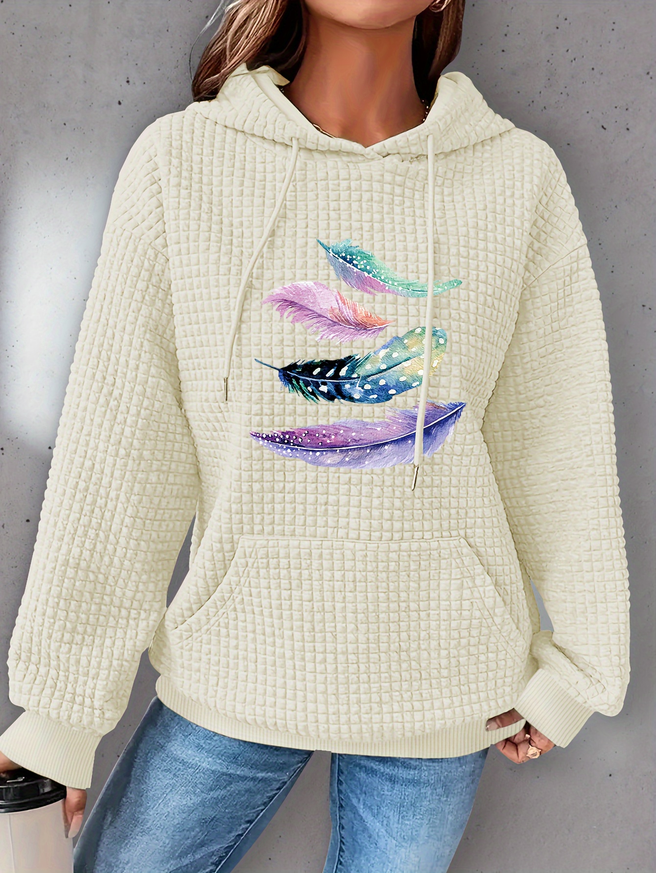 plus size feather print hoodie casual kangaroo pocket drawstring long sleeve hooded sweatshirt womens plus size clothing details 8