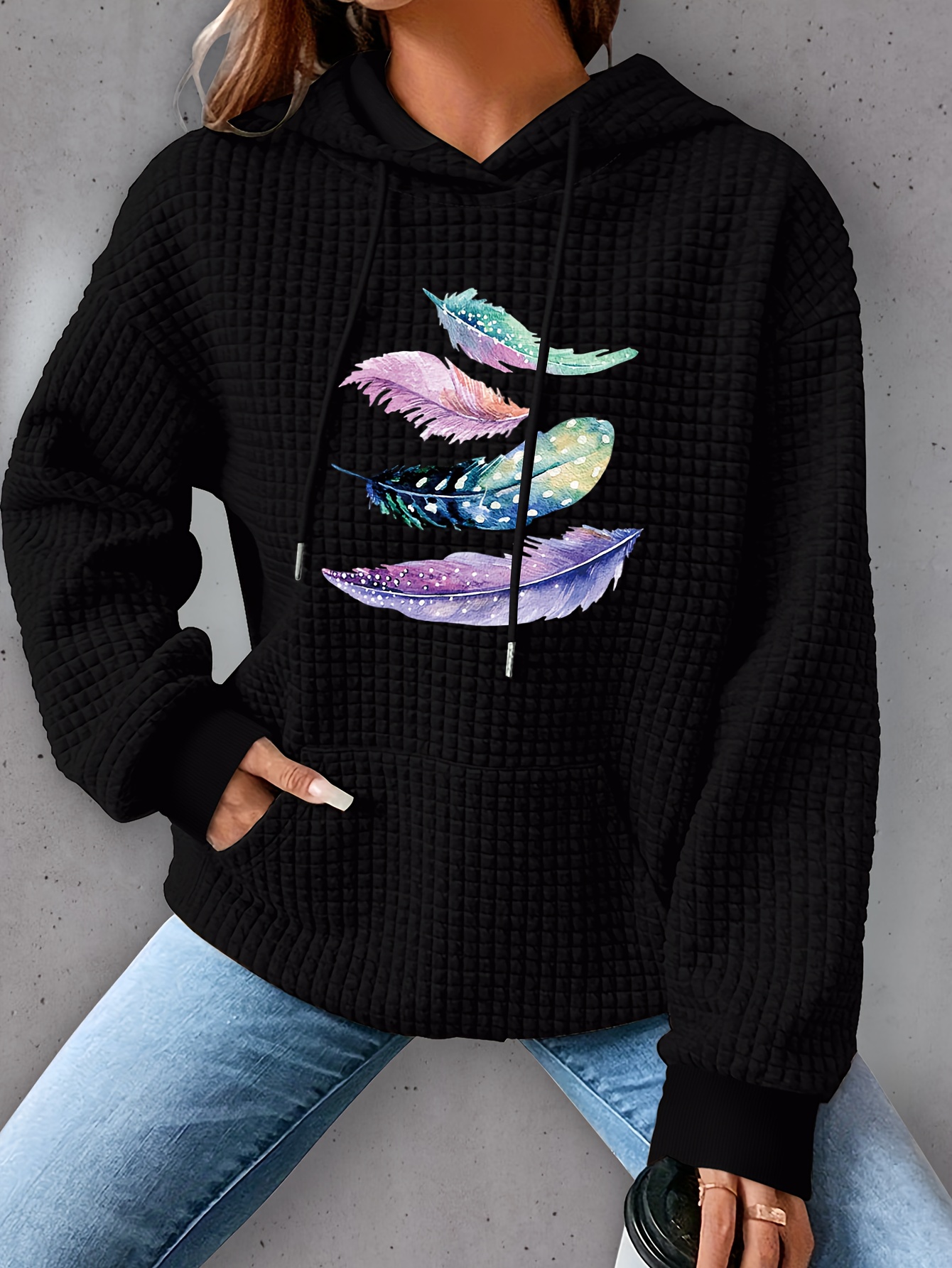 plus size feather print hoodie casual kangaroo pocket drawstring long sleeve hooded sweatshirt womens plus size clothing details 13