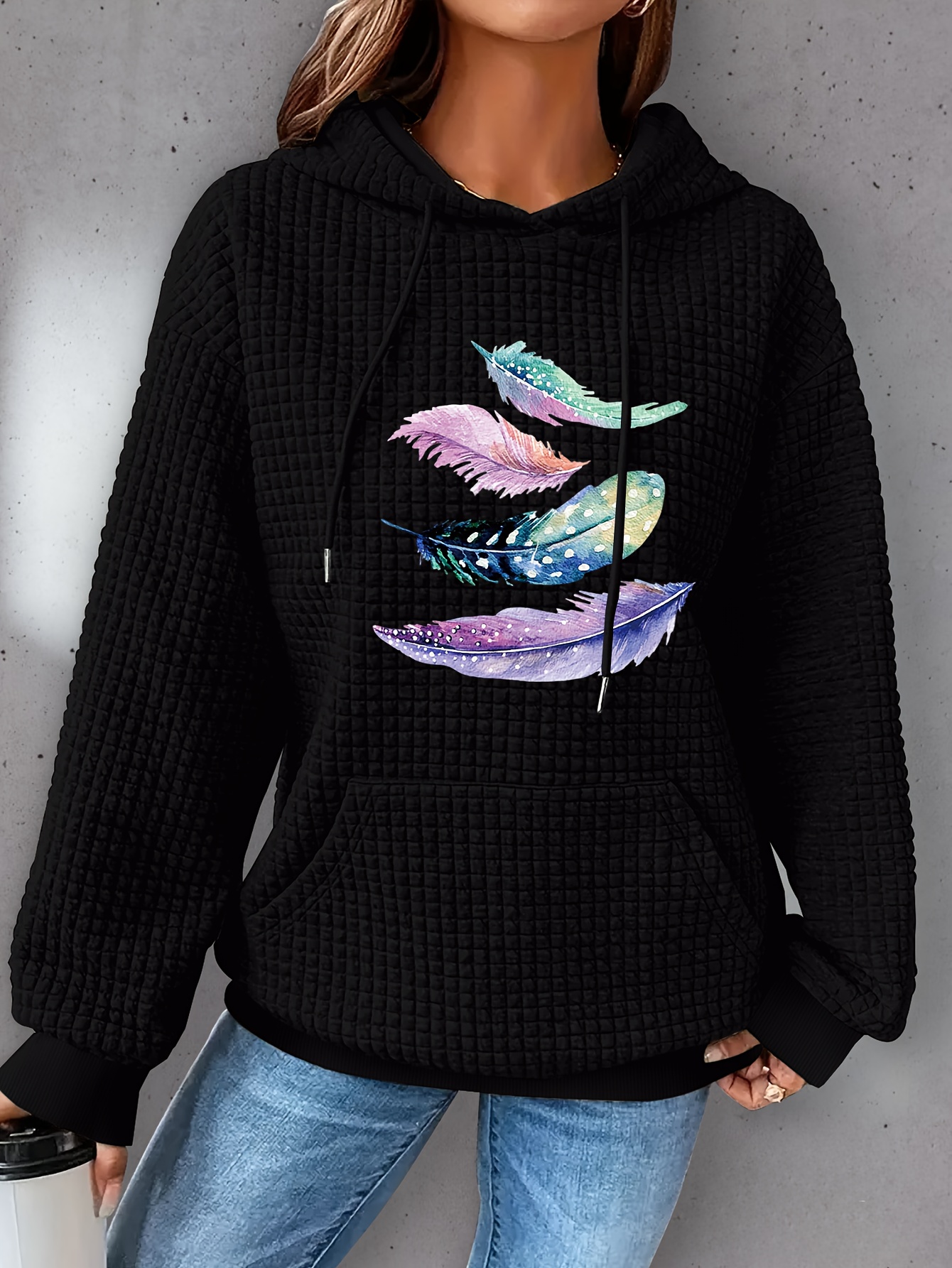 plus size feather print hoodie casual kangaroo pocket drawstring long sleeve hooded sweatshirt womens plus size clothing details 14
