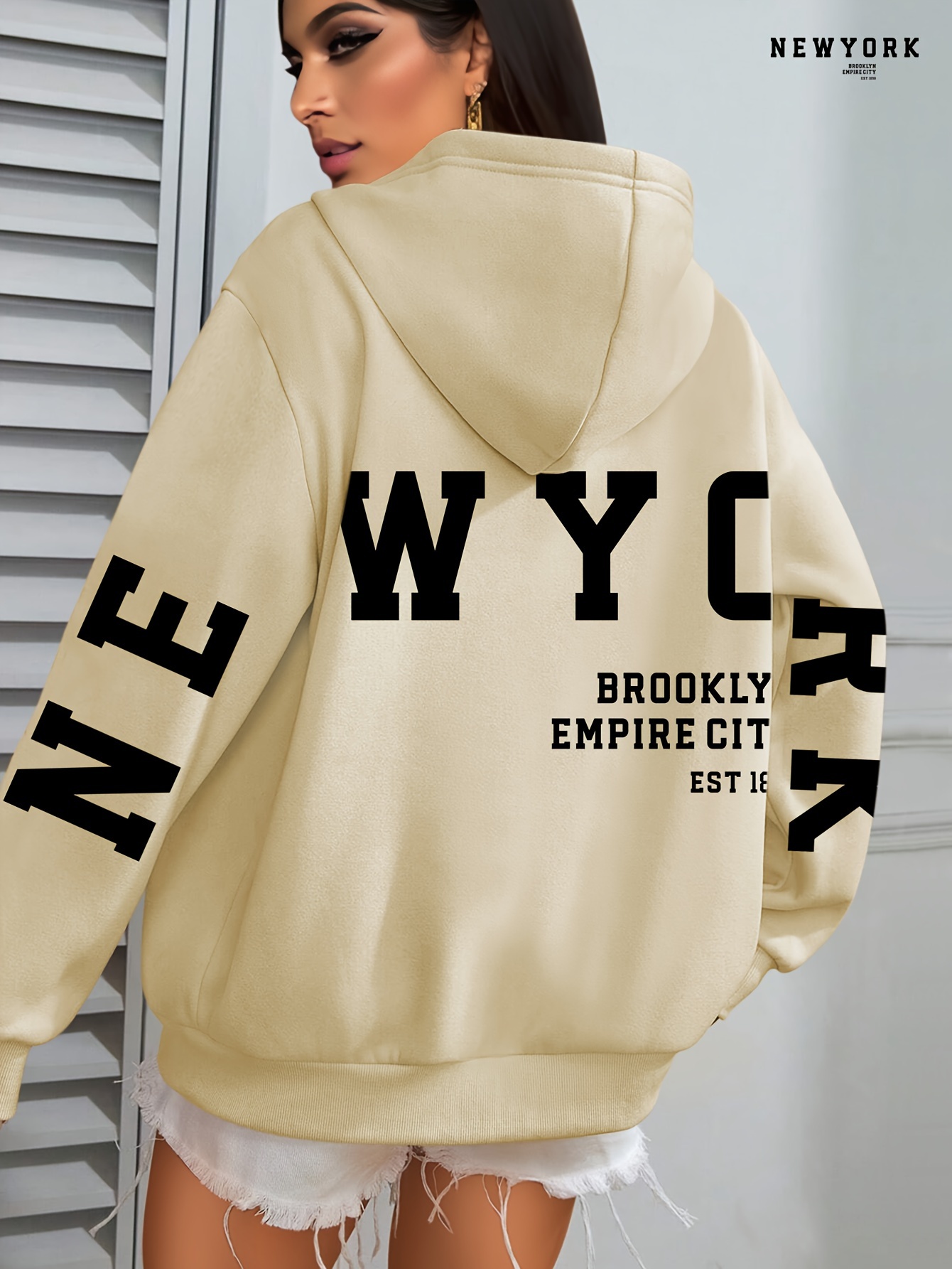 Plus Size NEW YORK Print Kangaroo Pocket Hoodie, Casual Long Sleeve Drawstring Hoodies Sweatshirt For Spring & Fall, Women s Plus Size Clothing details 0