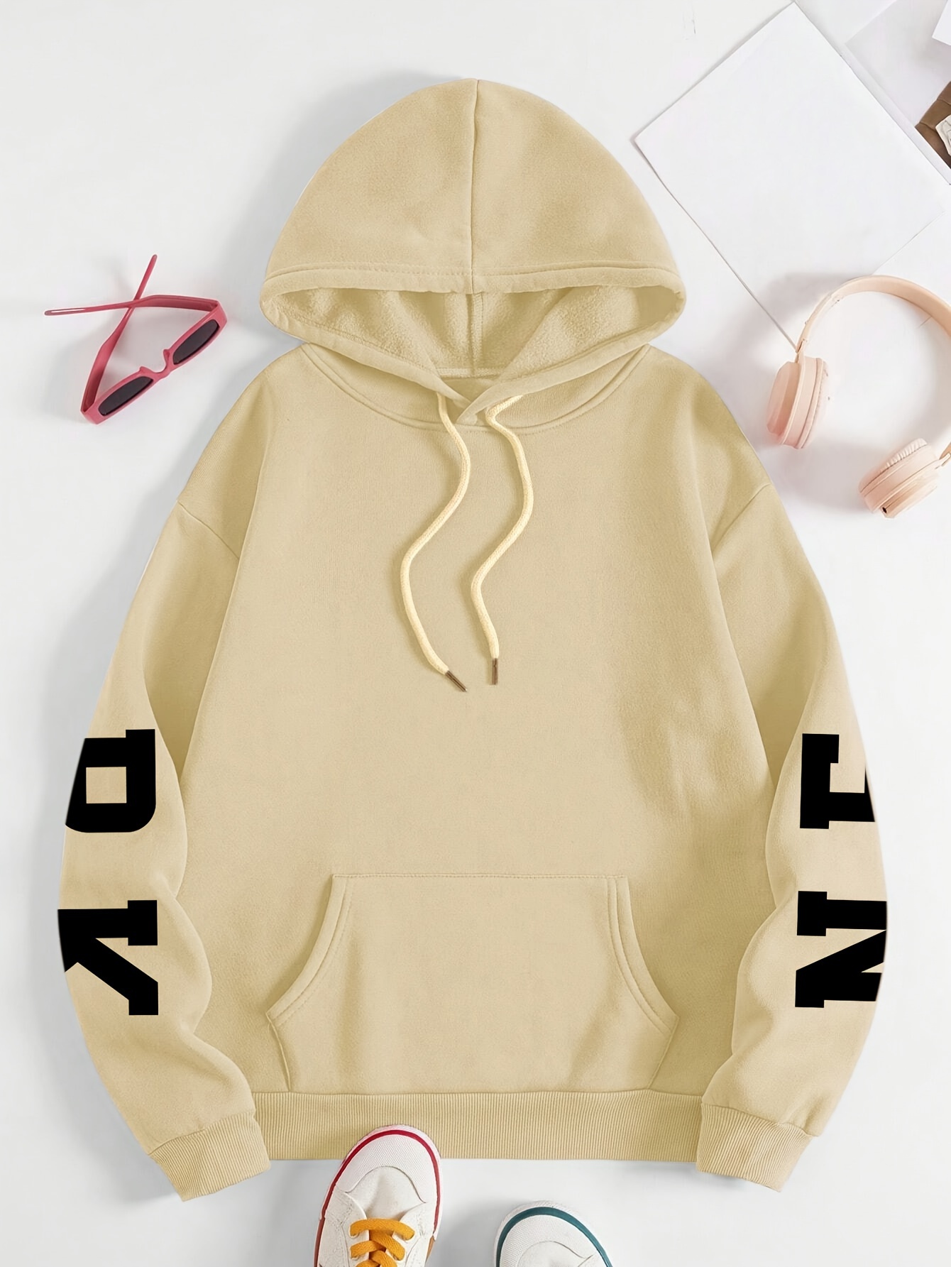 Plus Size NEW YORK Print Kangaroo Pocket Hoodie, Casual Long Sleeve Drawstring Hoodies Sweatshirt For Spring & Fall, Women s Plus Size Clothing details 1