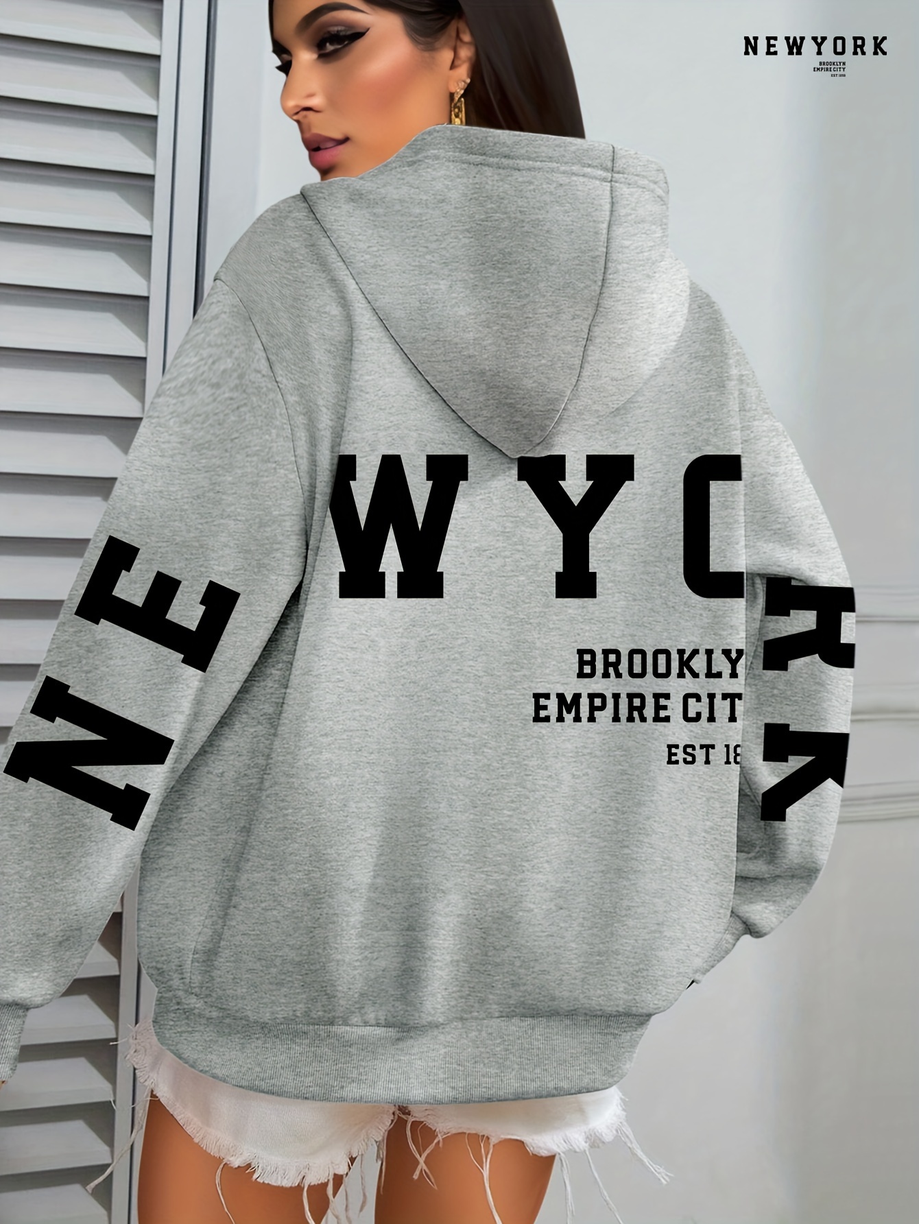 Plus Size NEW YORK Print Kangaroo Pocket Hoodie, Casual Long Sleeve Drawstring Hoodies Sweatshirt For Spring & Fall, Women s Plus Size Clothing details 4