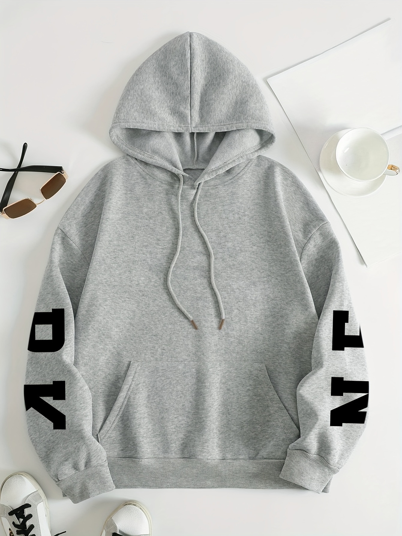 Plus Size NEW YORK Print Kangaroo Pocket Hoodie, Casual Long Sleeve Drawstring Hoodies Sweatshirt For Spring & Fall, Women s Plus Size Clothing details 5