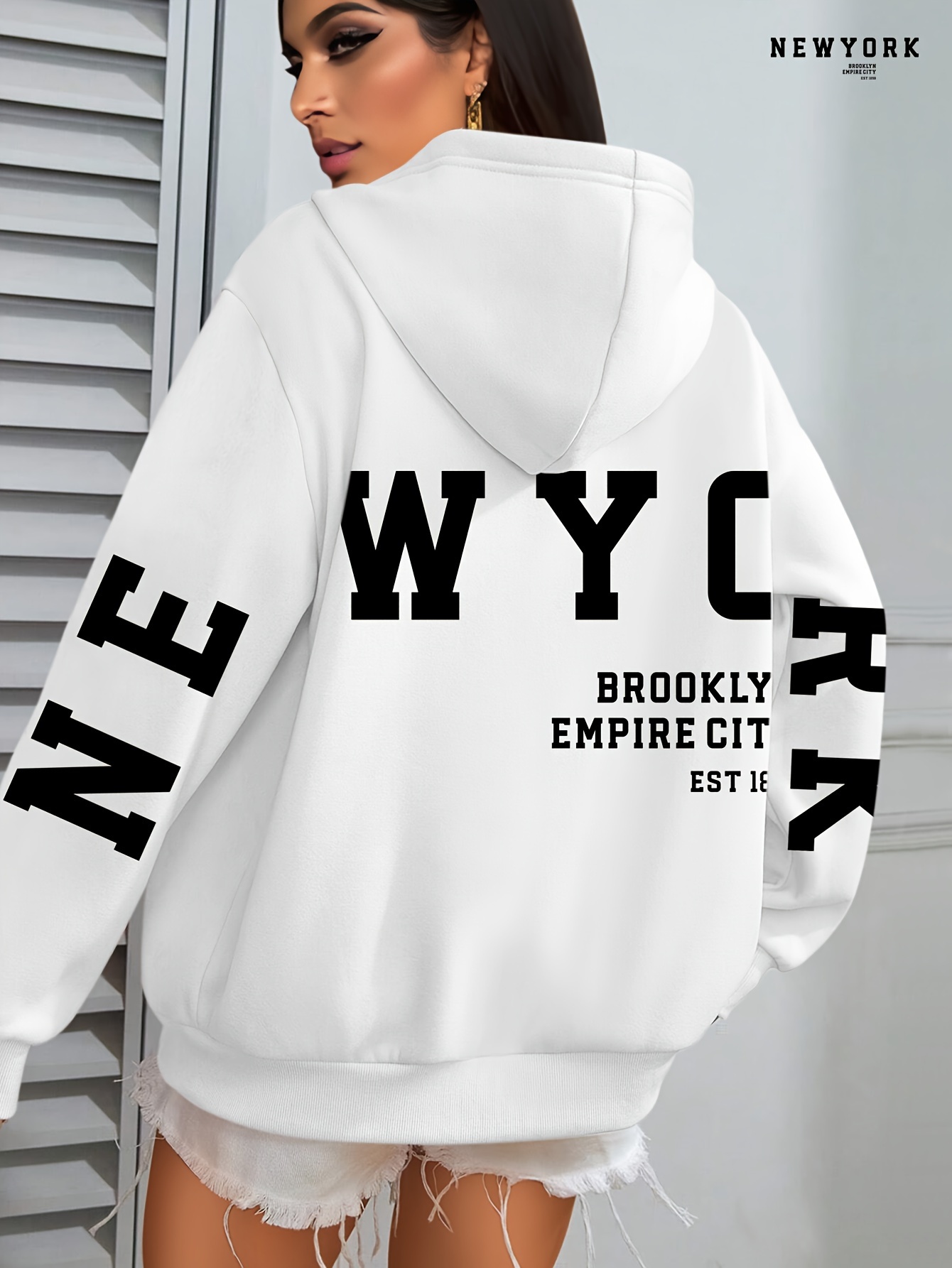 Plus Size NEW YORK Print Kangaroo Pocket Hoodie, Casual Long Sleeve Drawstring Hoodies Sweatshirt For Spring & Fall, Women s Plus Size Clothing details 8