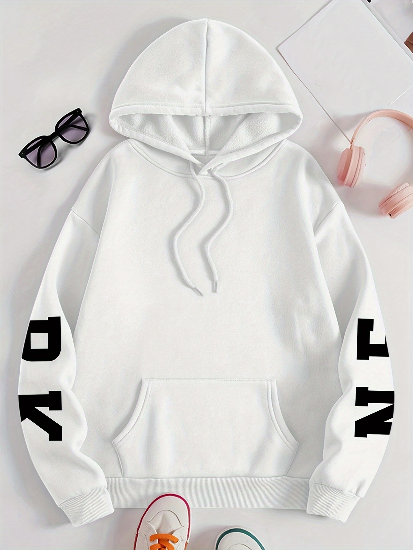 Plus Size NEW YORK Print Kangaroo Pocket Hoodie, Casual Long Sleeve Drawstring Hoodies Sweatshirt For Spring & Fall, Women s Plus Size Clothing details 9