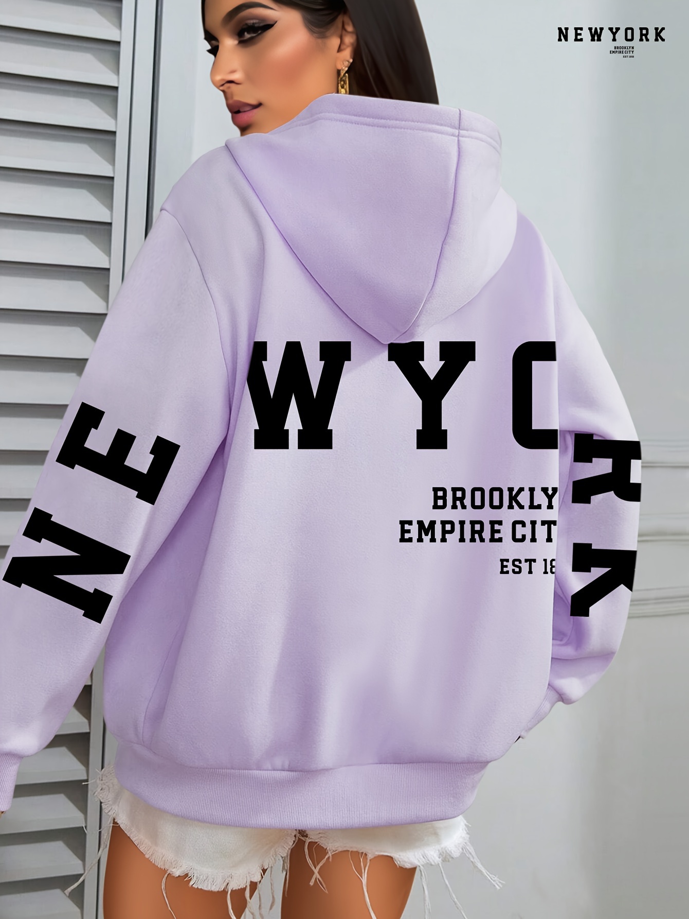 Plus Size NEW YORK Print Kangaroo Pocket Hoodie, Casual Long Sleeve Drawstring Hoodies Sweatshirt For Spring & Fall, Women s Plus Size Clothing details 12