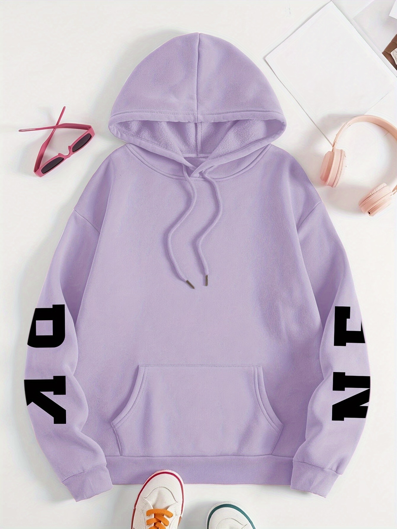 Plus Size NEW YORK Print Kangaroo Pocket Hoodie, Casual Long Sleeve Drawstring Hoodies Sweatshirt For Spring & Fall, Women s Plus Size Clothing details 13