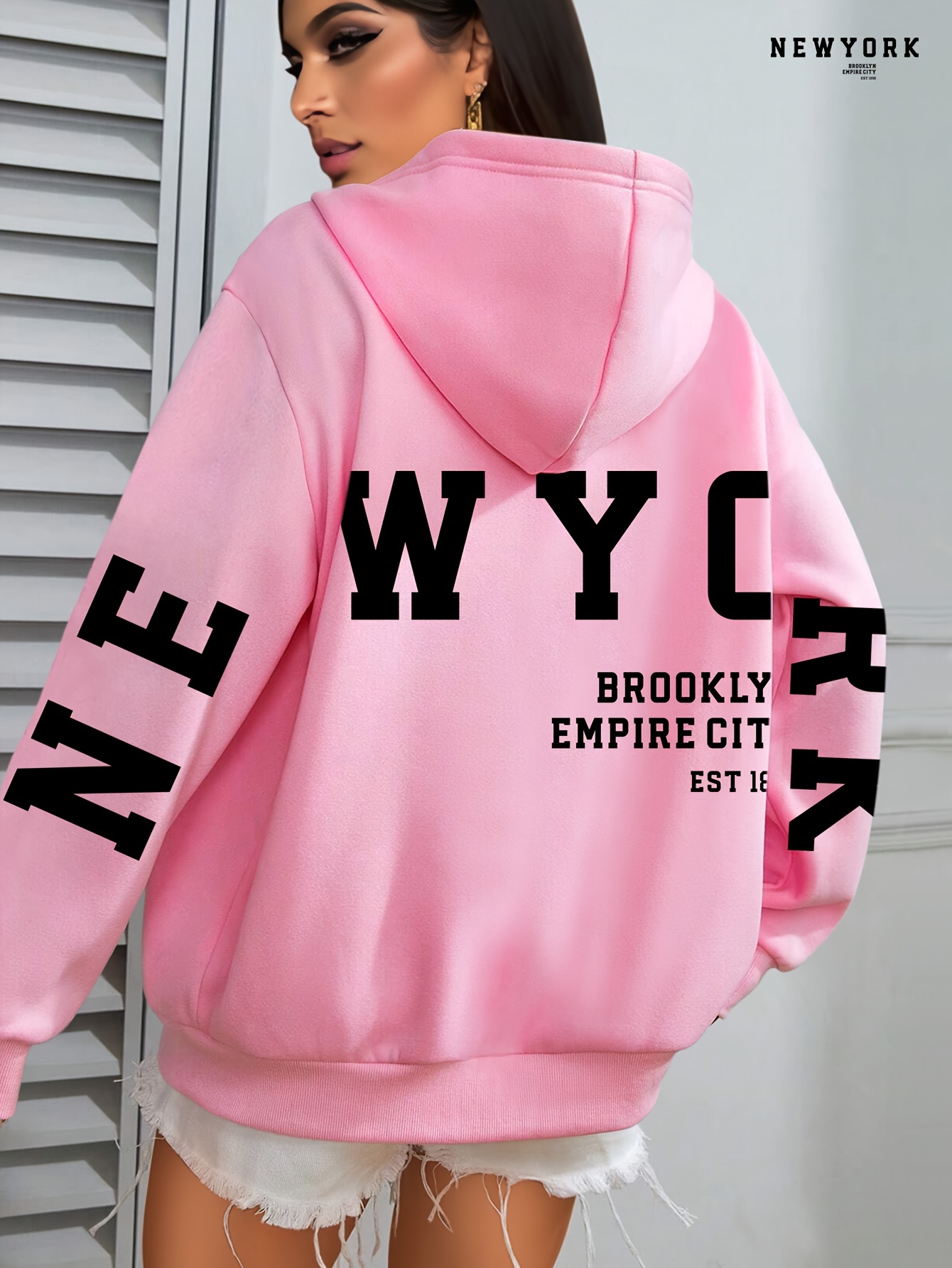 Plus Size NEW YORK Print Kangaroo Pocket Hoodie, Casual Long Sleeve Drawstring Hoodies Sweatshirt For Spring & Fall, Women s Plus Size Clothing details 16