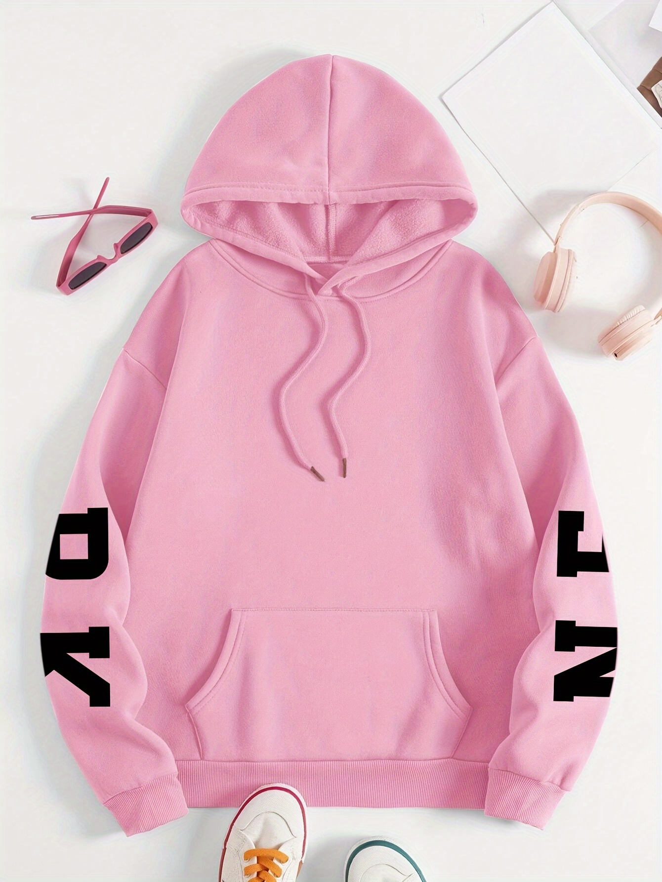Plus Size NEW YORK Print Kangaroo Pocket Hoodie, Casual Long Sleeve Drawstring Hoodies Sweatshirt For Spring & Fall, Women s Plus Size Clothing details 17