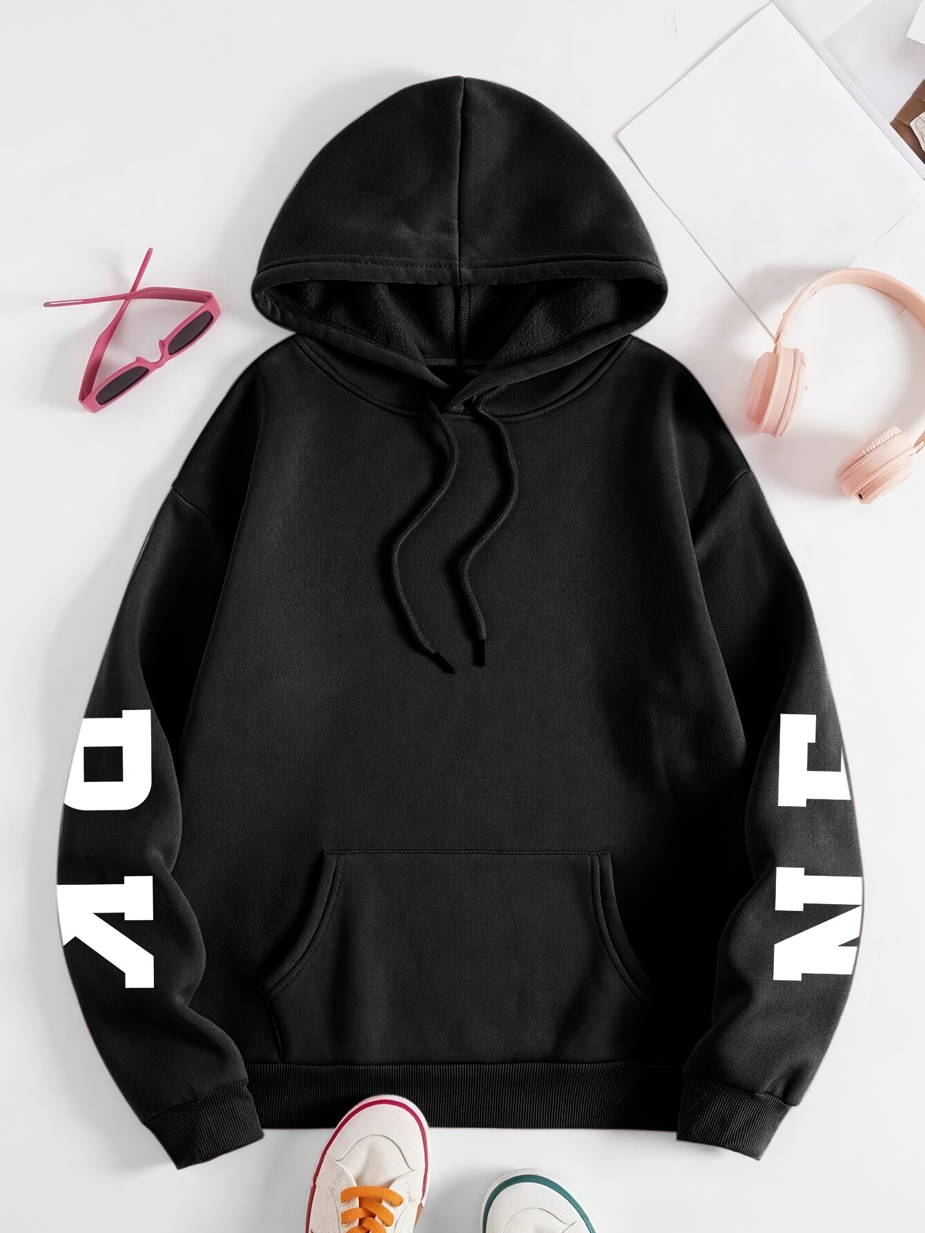 Plus Size NEW YORK Print Kangaroo Pocket Hoodie, Casual Long Sleeve Drawstring Hoodies Sweatshirt For Spring & Fall, Women s Plus Size Clothing details 20