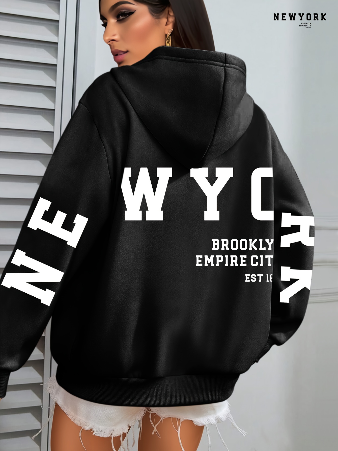 Plus Size NEW YORK Print Kangaroo Pocket Hoodie, Casual Long Sleeve Drawstring Hoodies Sweatshirt For Spring & Fall, Women s Plus Size Clothing details 21