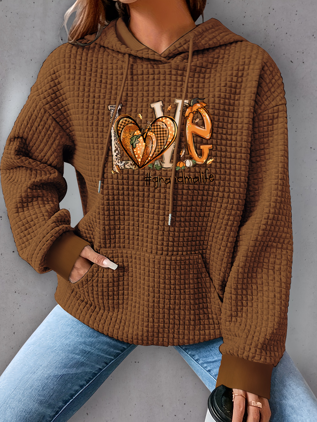 plus size love print hoodie casual kangaroo pocket drawstring long sleeve hooded sweatshirt womens plus size clothing details 3