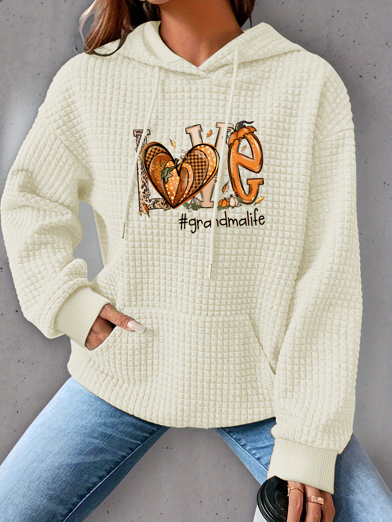 plus size love print hoodie casual kangaroo pocket drawstring long sleeve hooded sweatshirt womens plus size clothing details 6