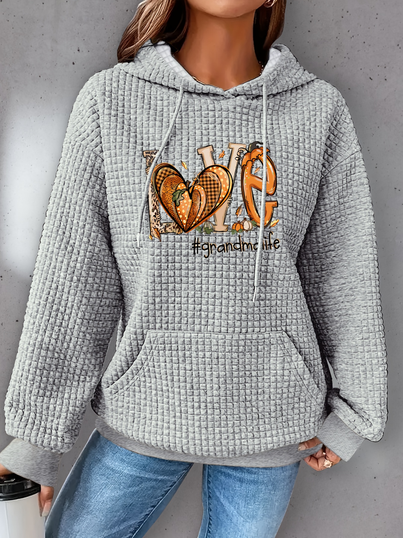 plus size love print hoodie casual kangaroo pocket drawstring long sleeve hooded sweatshirt womens plus size clothing details 11
