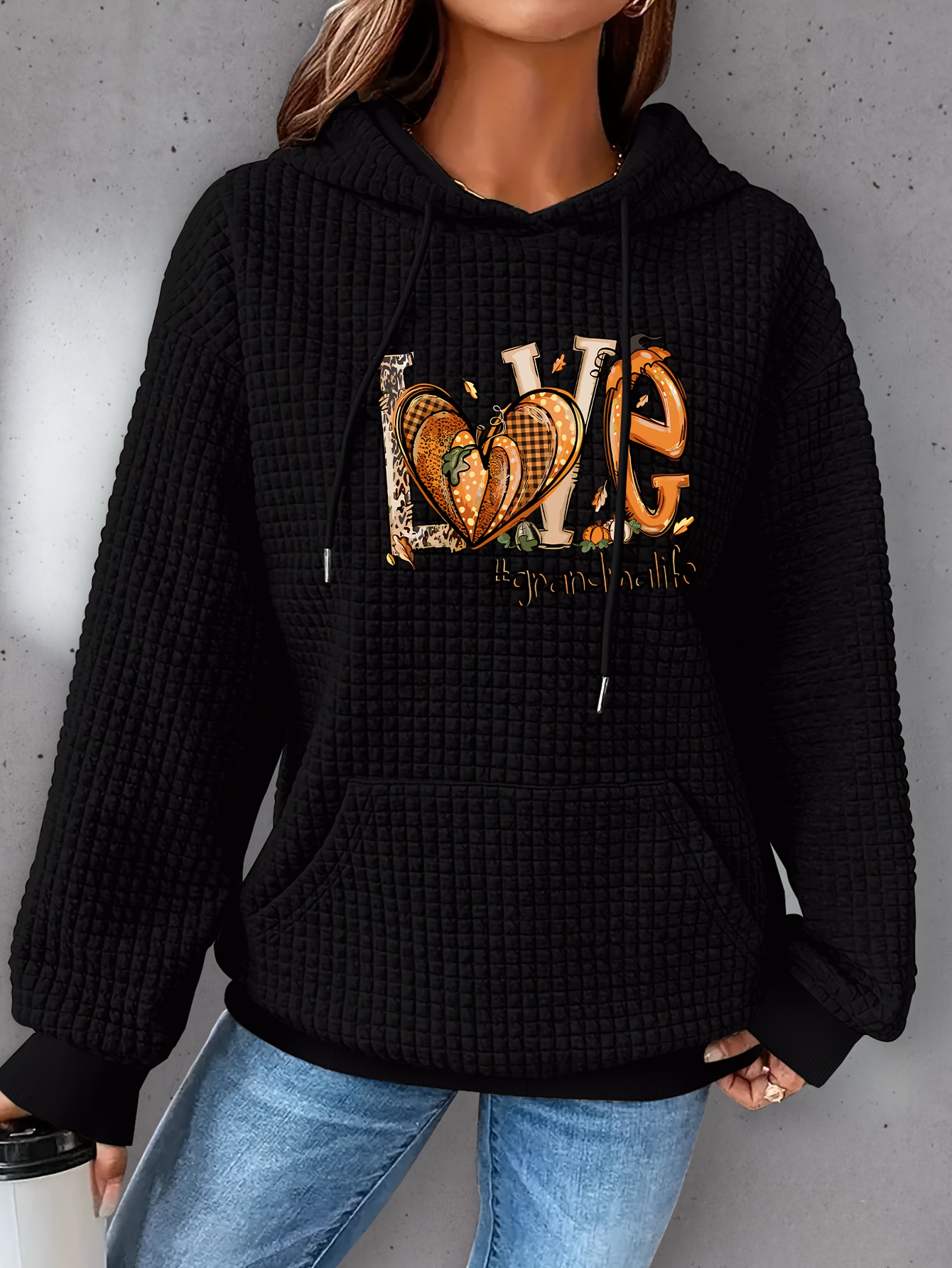 plus size love print hoodie casual kangaroo pocket drawstring long sleeve hooded sweatshirt womens plus size clothing details 14