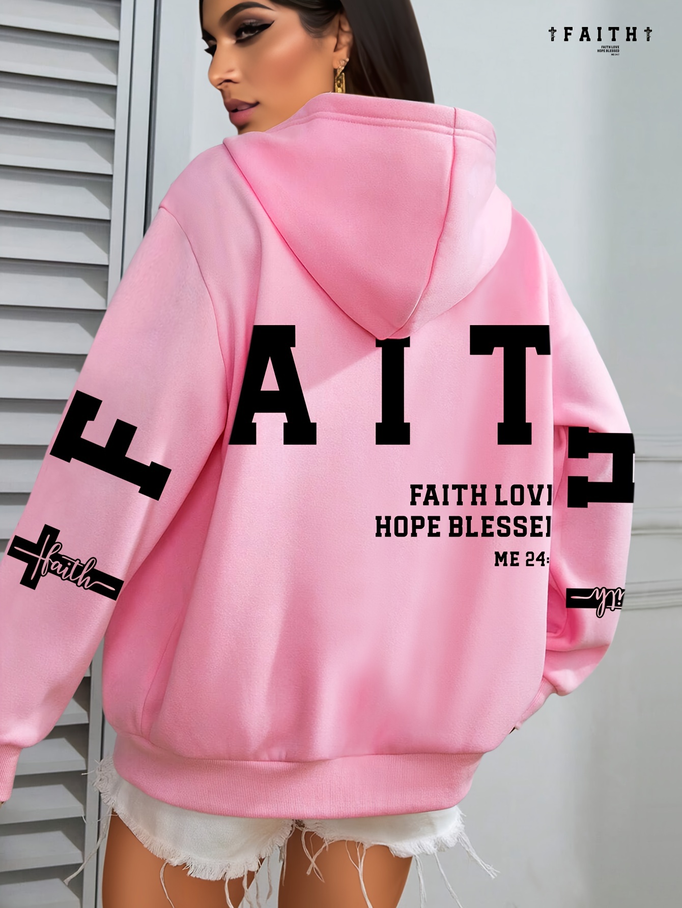 Plus Size FAITH Print Kangaroo Pocket Hoodie, Casual Long Sleeve Drawstring Hoodies Sweatshirt For Spring & Fall, Women s Plus Size Clothing details 16