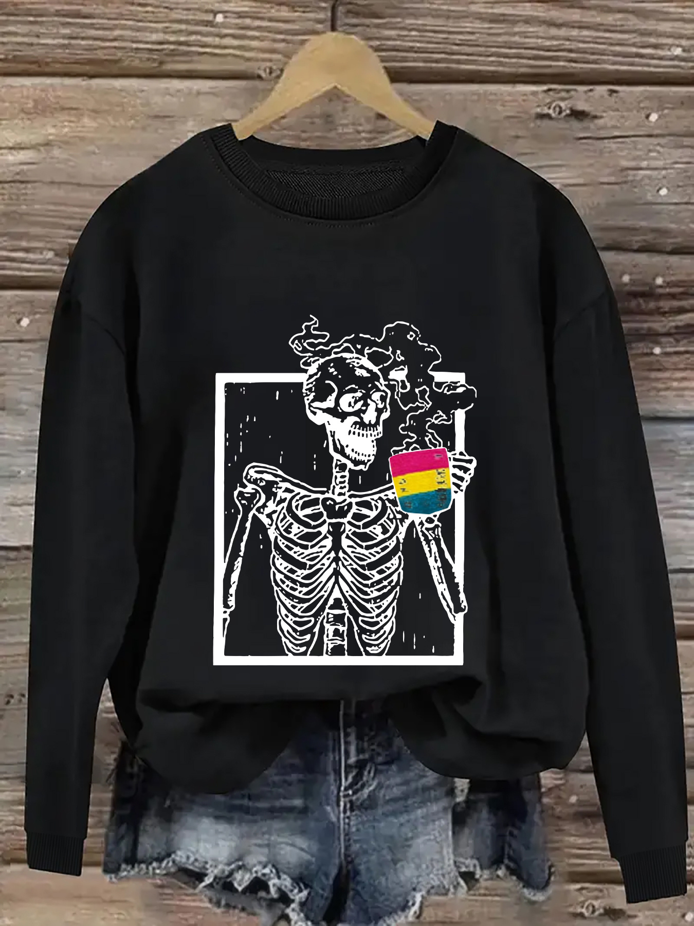 Plus Size Skeleton Print Sweatshirt, Casual Crew Neck Long Sleeve Pullover Sweatshirt, Women s Plus Size Clothing details 5