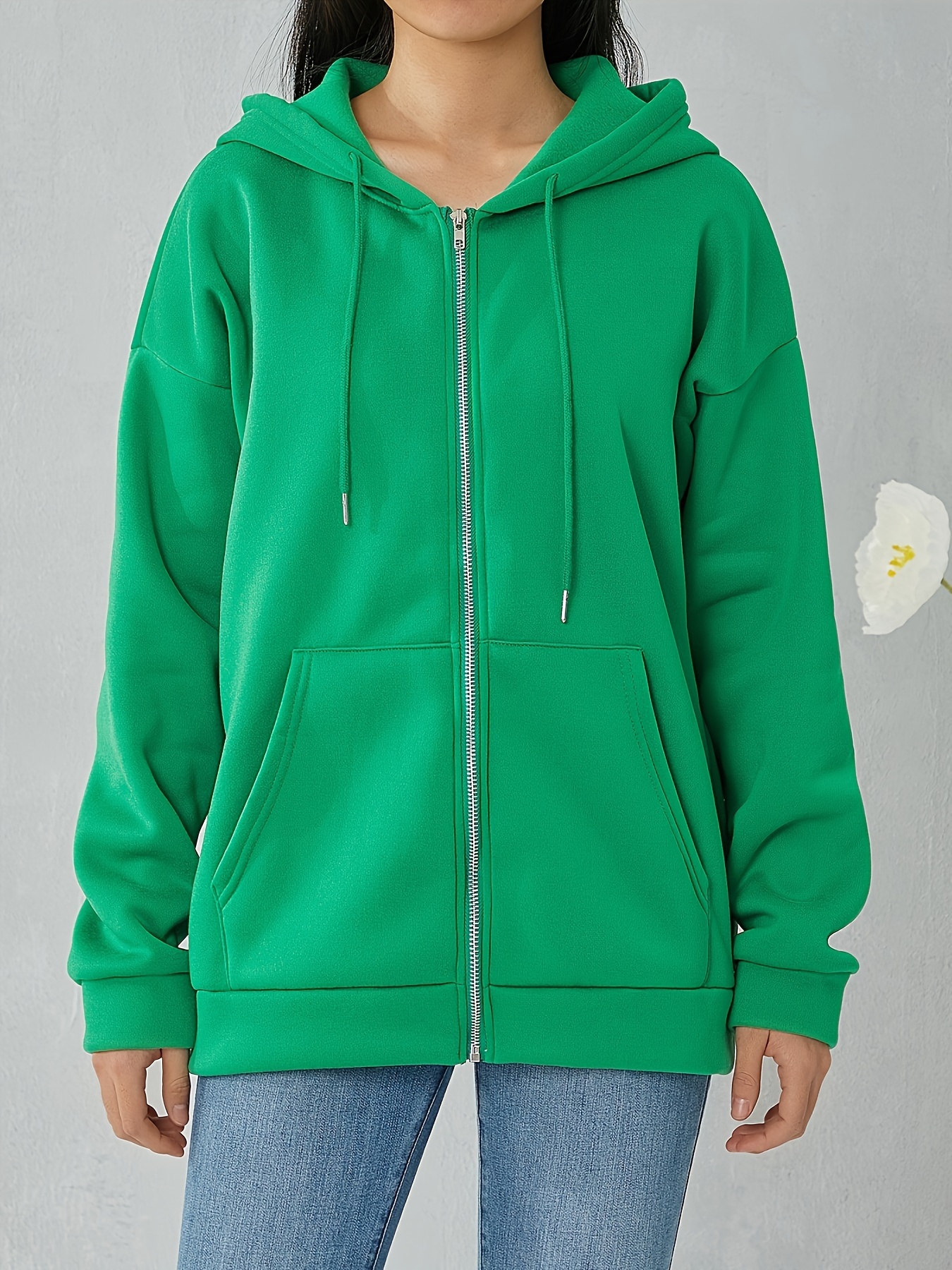 plus size solid color hooded sweatshirt casual long sleeve zipper front pockets drawstring sweatshirt for spring fall womens plus size clothing details 0