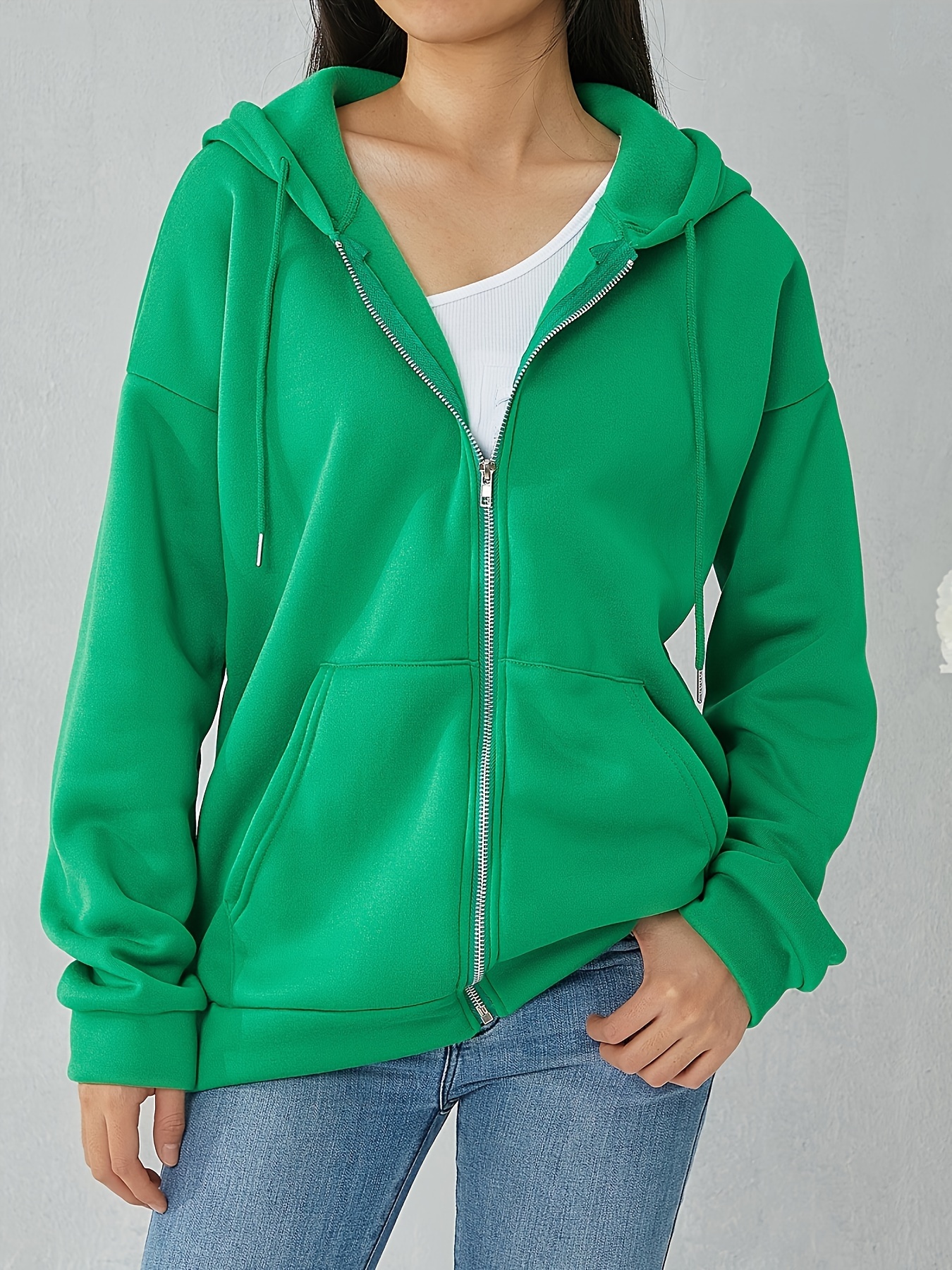 plus size solid color hooded sweatshirt casual long sleeve zipper front pockets drawstring sweatshirt for spring fall womens plus size clothing details 1