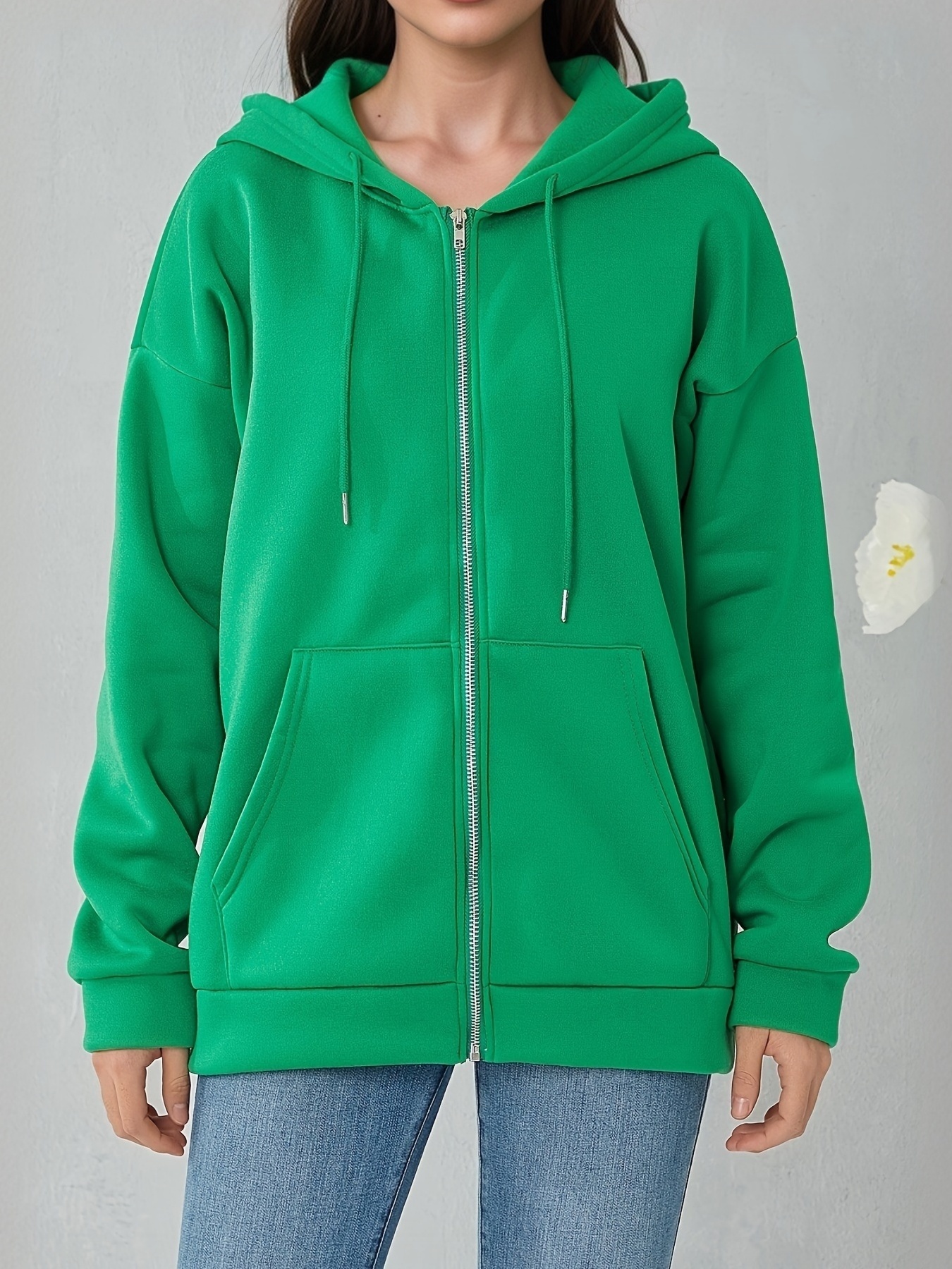 plus size solid color hooded sweatshirt casual long sleeve zipper front pockets drawstring sweatshirt for spring fall womens plus size clothing details 2