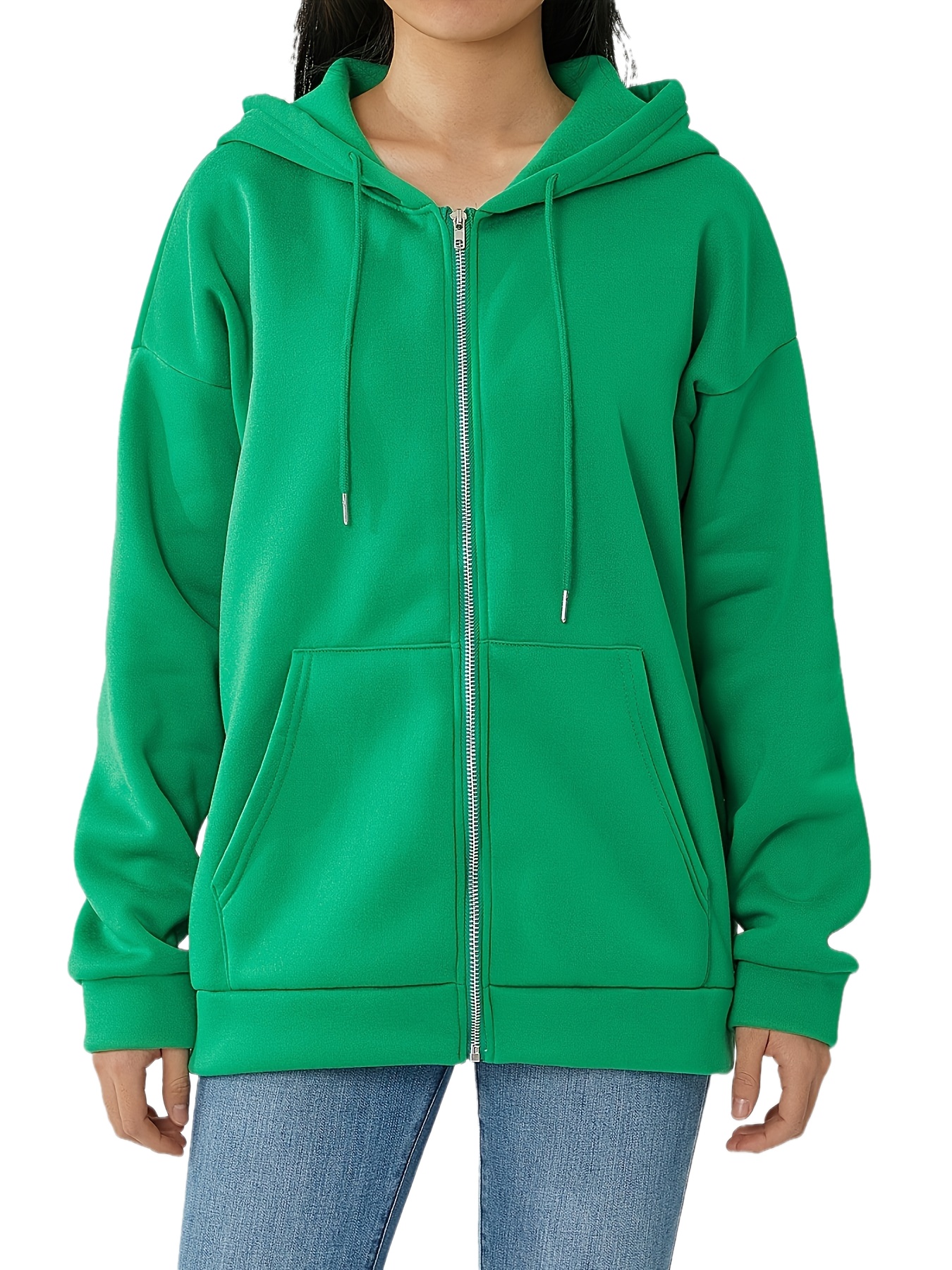 plus size solid color hooded sweatshirt casual long sleeve zipper front pockets drawstring sweatshirt for spring fall womens plus size clothing details 3