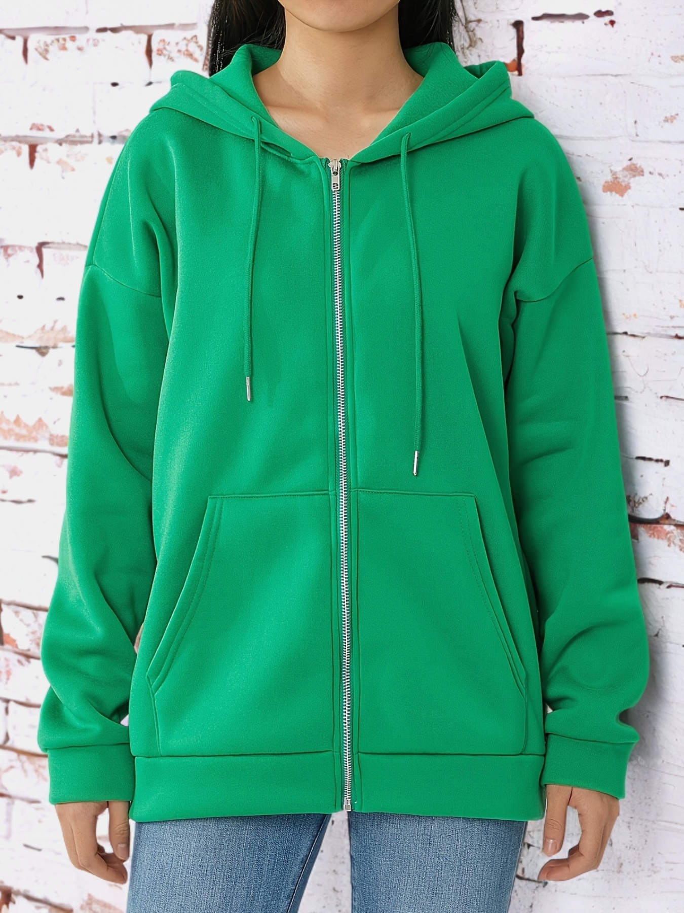 plus size solid color hooded sweatshirt casual long sleeve zipper front pockets drawstring sweatshirt for spring fall womens plus size clothing details 4