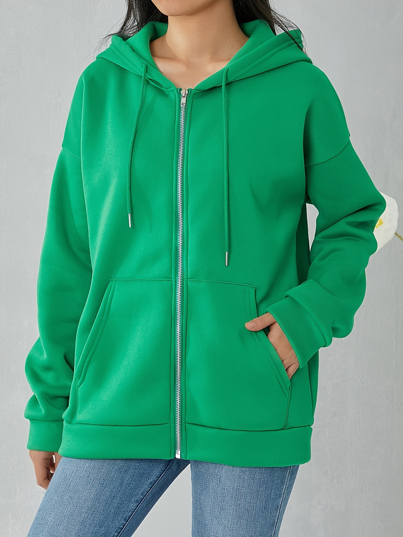 plus size solid color hooded sweatshirt casual long sleeve zipper front pockets drawstring sweatshirt for spring fall womens plus size clothing details 6