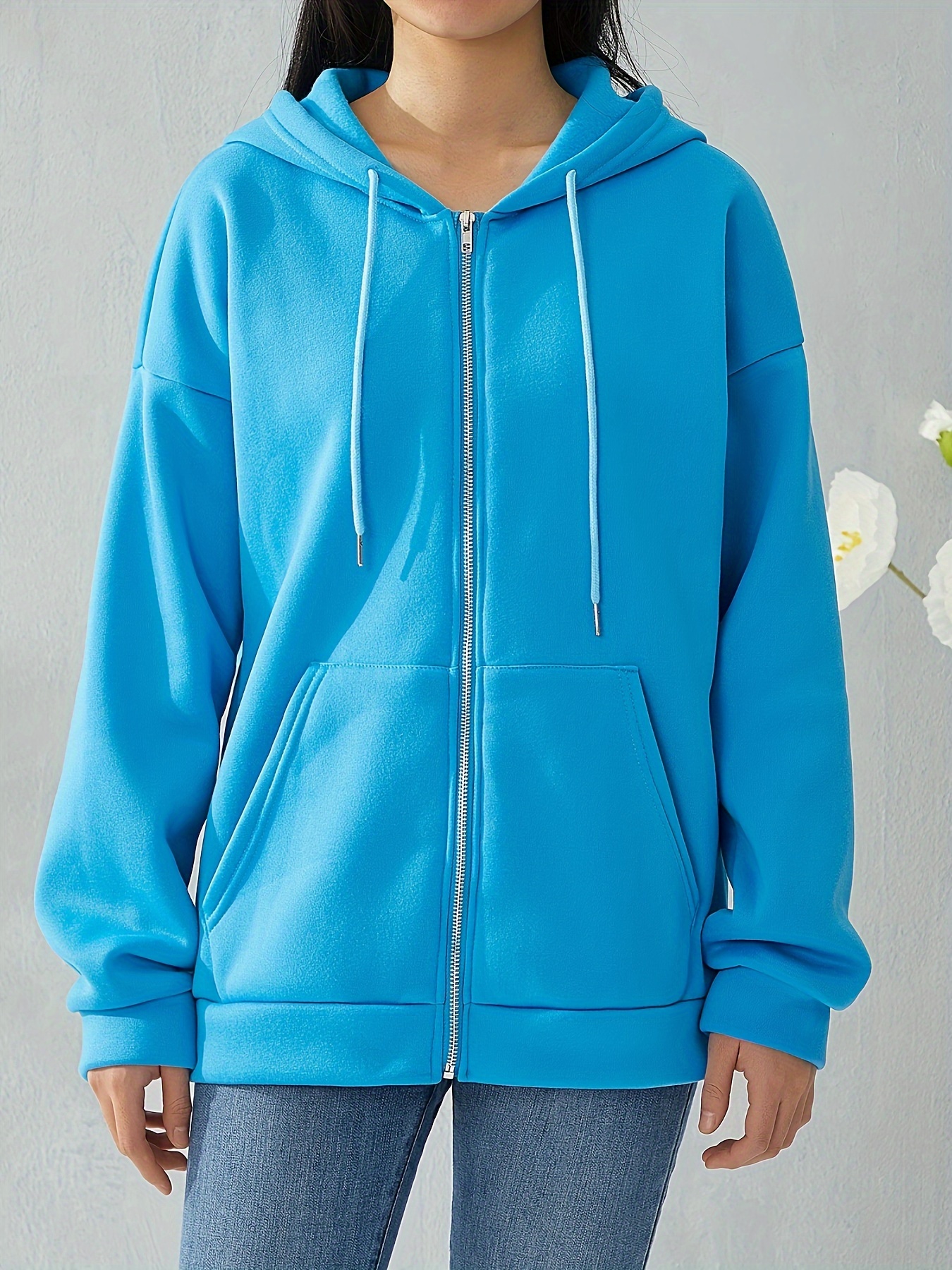 plus size solid color hooded sweatshirt casual long sleeve zipper front pockets drawstring sweatshirt for spring fall womens plus size clothing details 8