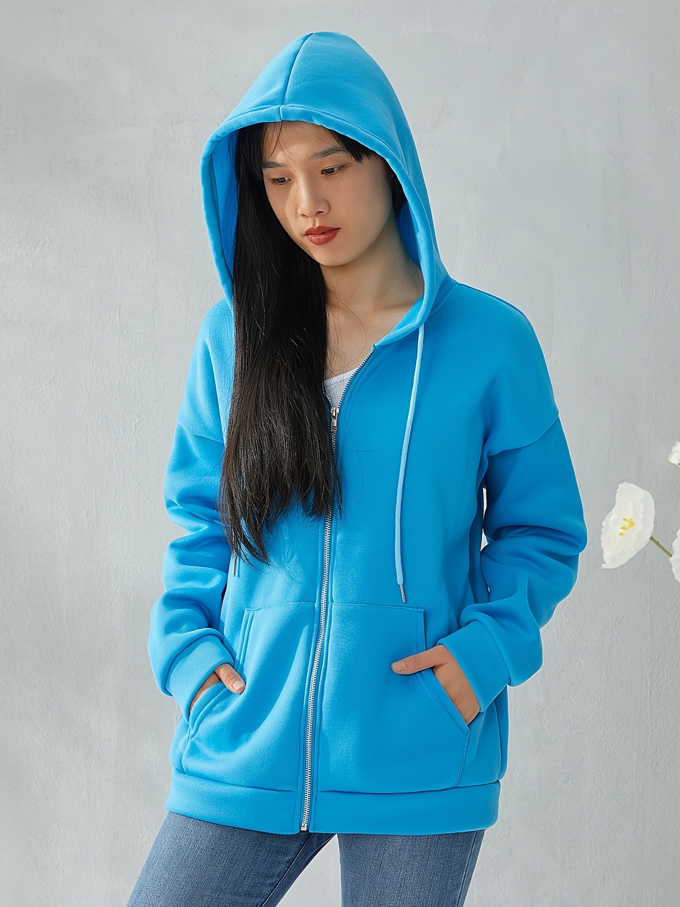 plus size solid color hooded sweatshirt casual long sleeve zipper front pockets drawstring sweatshirt for spring fall womens plus size clothing details 9