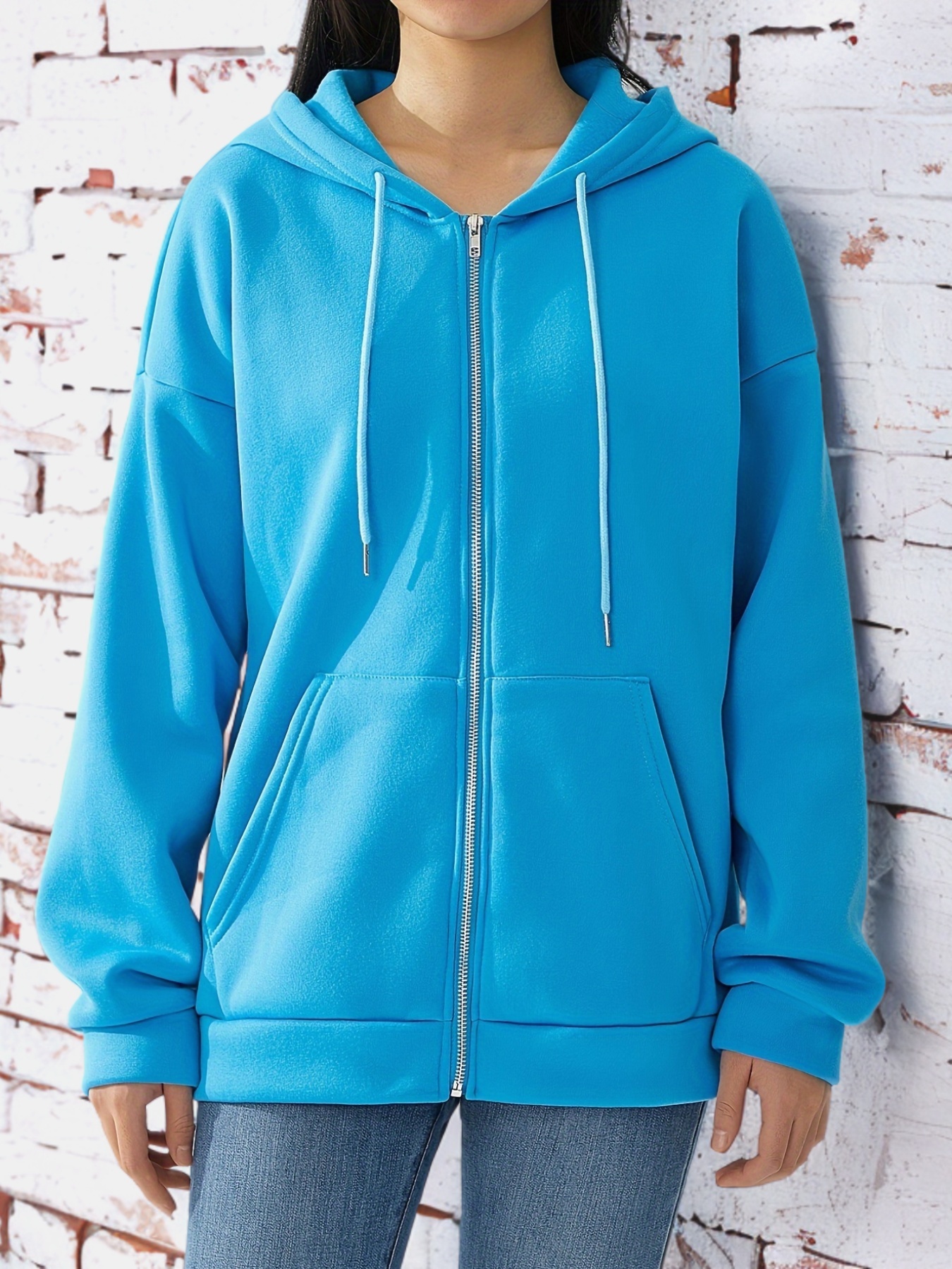 plus size solid color hooded sweatshirt casual long sleeve zipper front pockets drawstring sweatshirt for spring fall womens plus size clothing details 11
