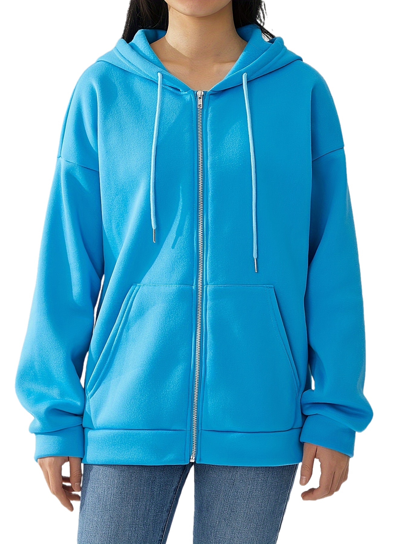 plus size solid color hooded sweatshirt casual long sleeve zipper front pockets drawstring sweatshirt for spring fall womens plus size clothing details 12